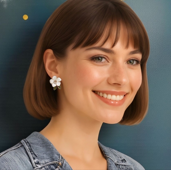 Dainty White Flower Spring Summer Earrings with Faux Pearls Rhinestone Accents - Picture 3 of 9